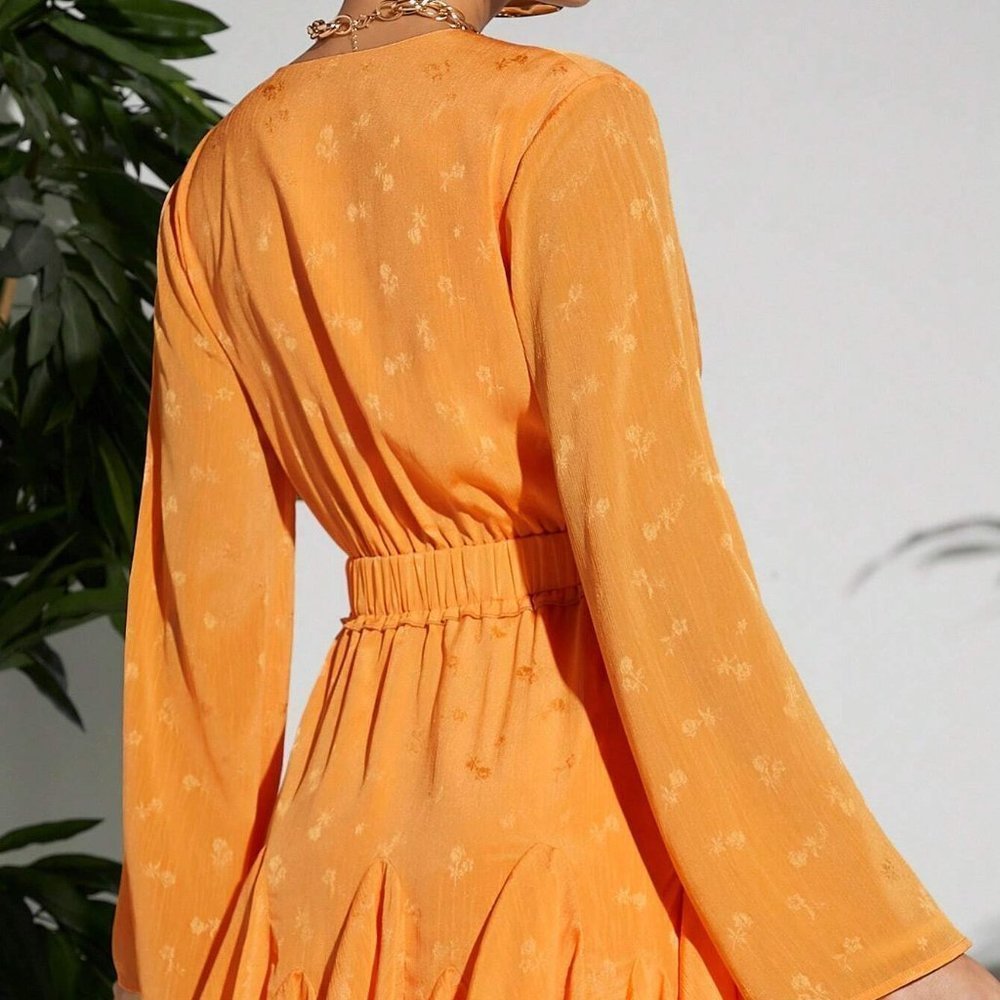 Orange Boho Womens Plunging Neck Knot Front Solid Dress - Picture 3 of 5
